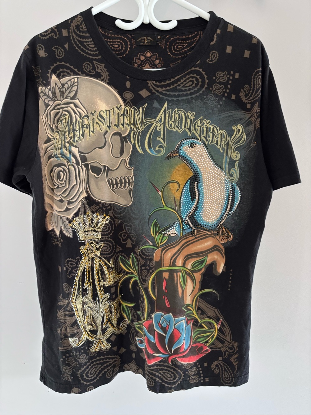Christian Audigier Black Graphic Skull & Bird Short-Sleeve Shirt